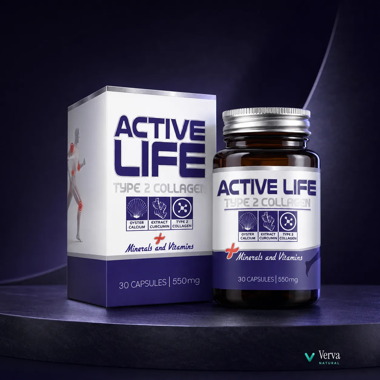 Active Life colágeno tipo 2 em fundo neutro de estúdio