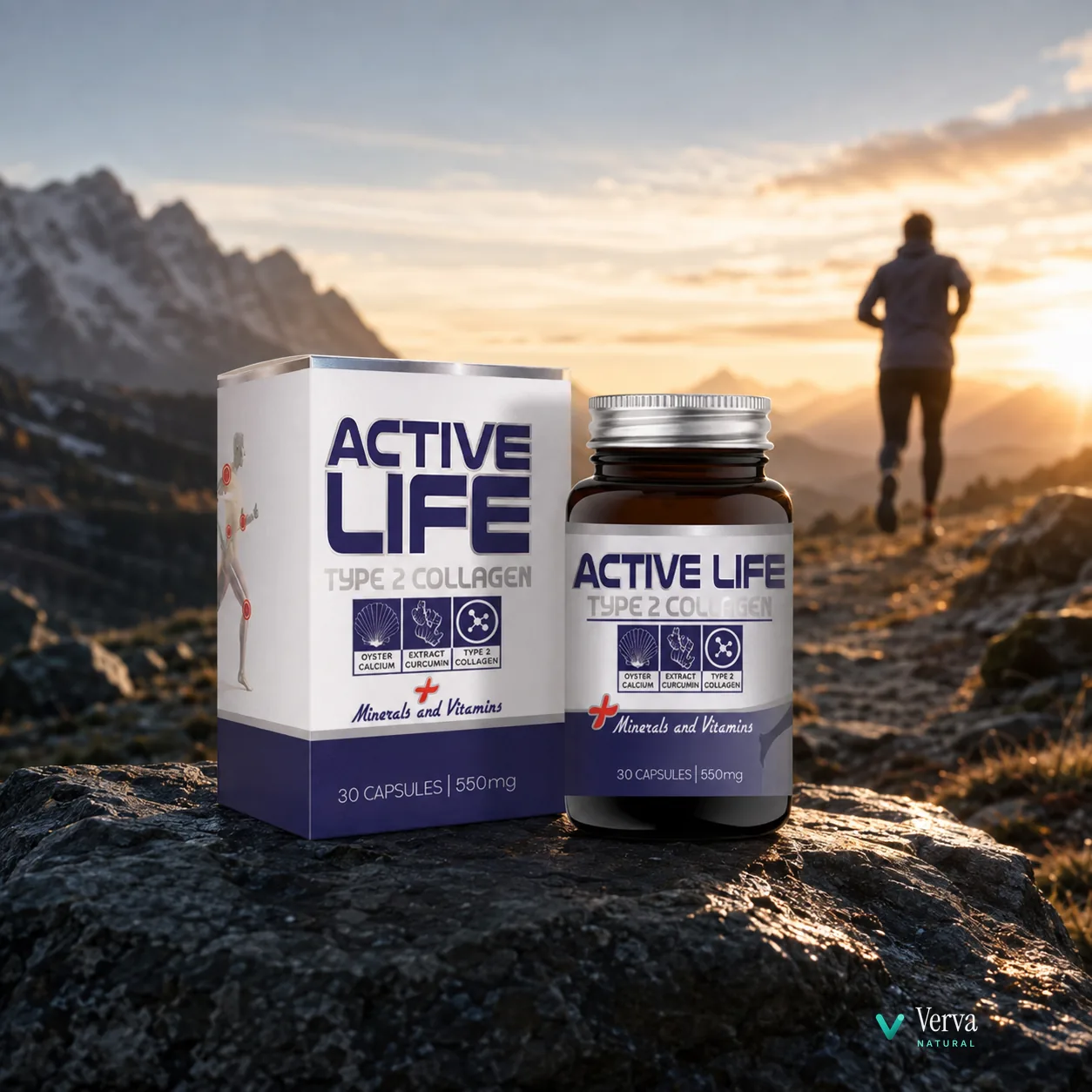 Active Life em luz cinematográfica, caixa e frasco em destaque