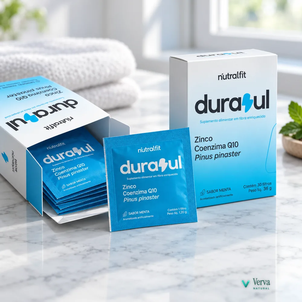 DuraZul em fundo claro de estúdio, caixa e sachês