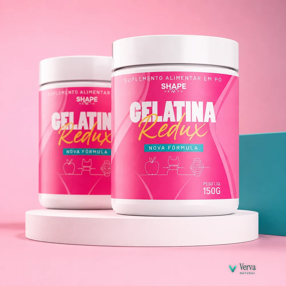 Pote de Gelatina Redux em pó sobre pedestal branco de estúdio