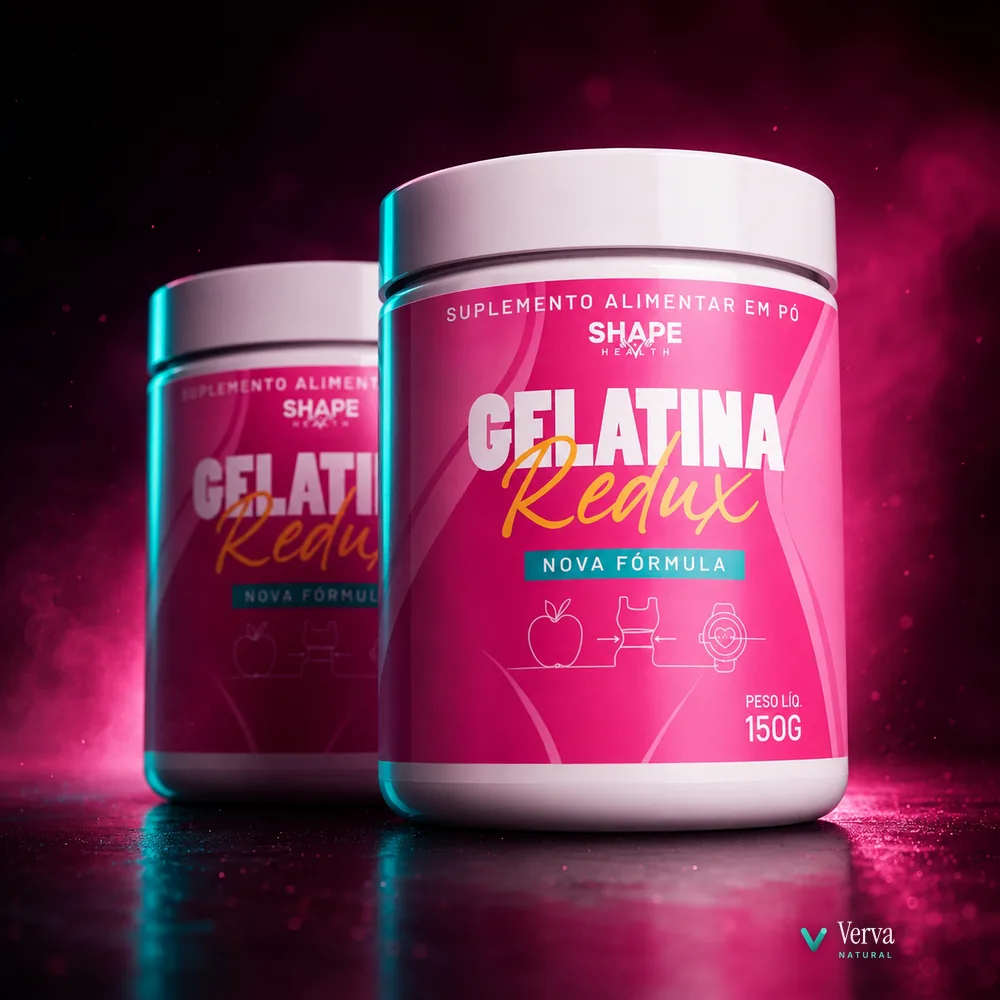 Gelatina Redux em luz rosa e azul, embalagem em destaque