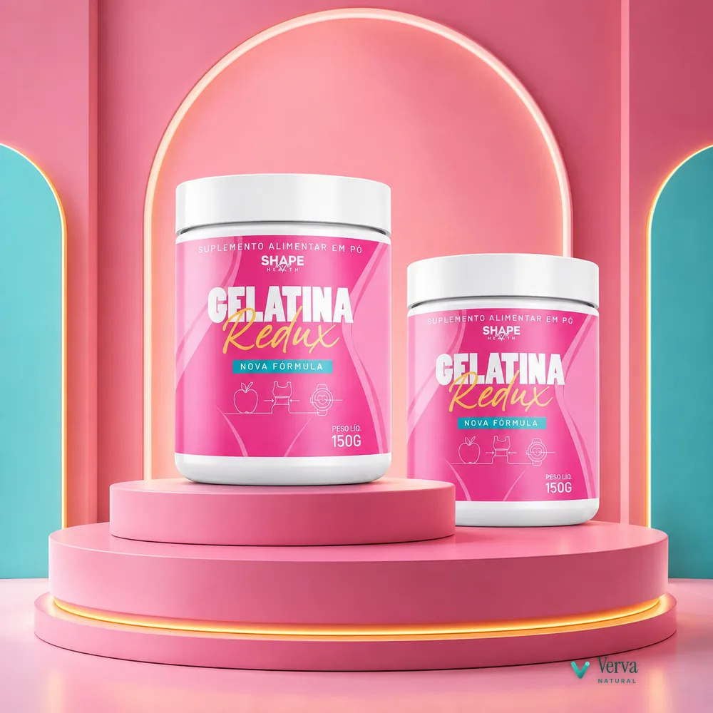Potes de Gelatina Redux em exposição sobre pedestal rosa
