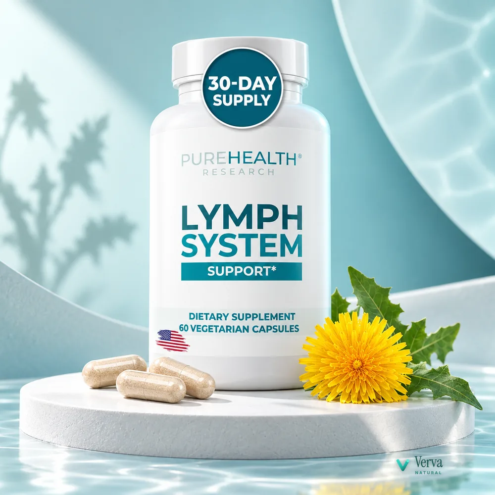 Lymph Pure em fundo claro de estúdio com folhagem