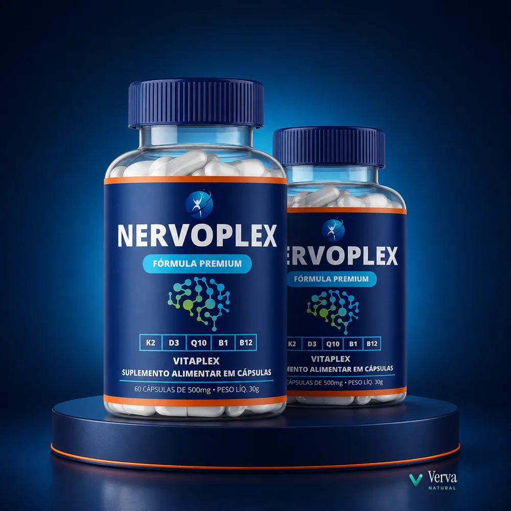 Frascos de Nervoplex sobre pedestal escuro de estúdio