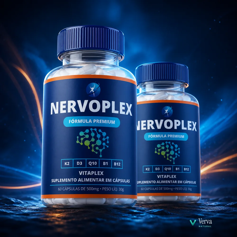 Nervoplex em luz cinematográfica azul, cápsulas K2 D3 Q10 B1 B12