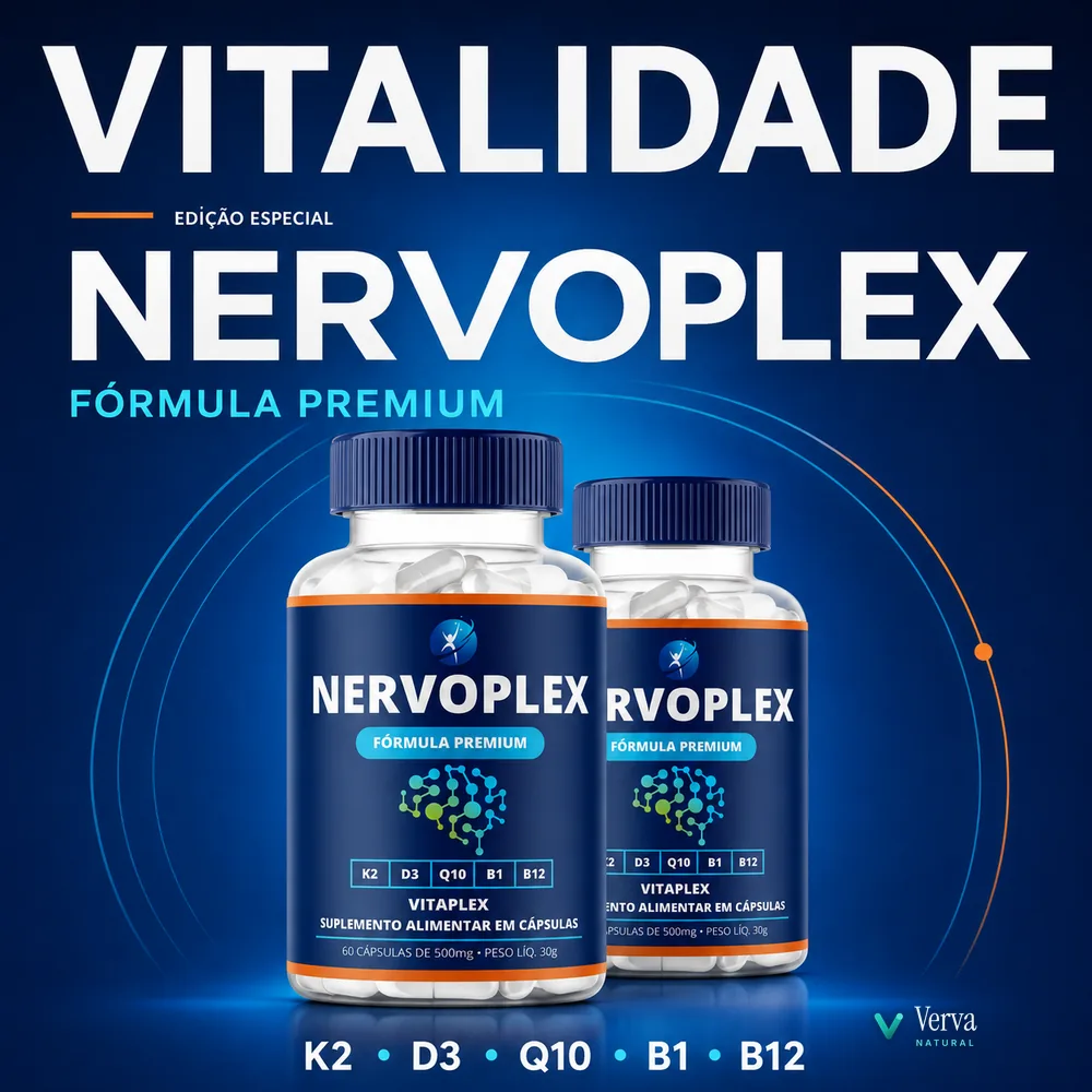 Nervoplex anúncio Vitalidade — fórmula premium com K2, D3, Q10, B1 e B12