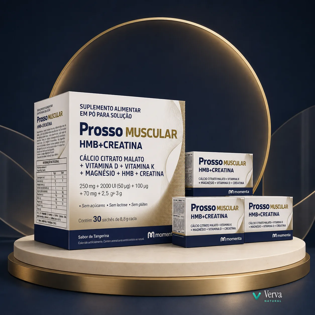 Prosso Muscular em fundo neutro de estúdio, caixa e sachê