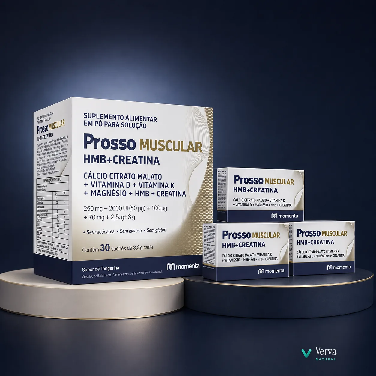 Linha Prosso Muscular em exposição, caixa e sachês sabor tangerina